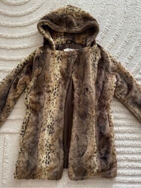Hawke & Co Faux Fur Leopard Print Hooded Coat Womens Mid-Length Size Medium